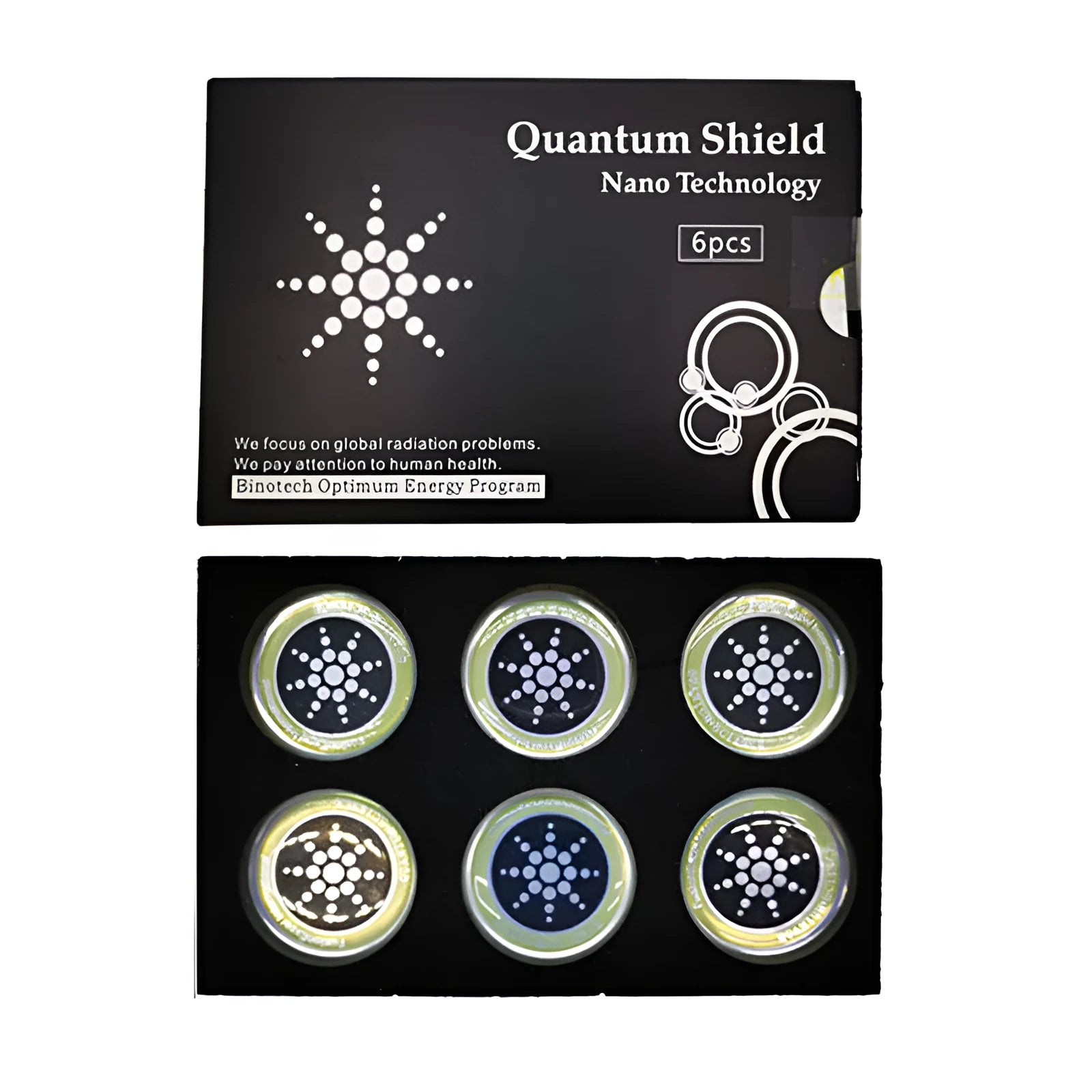 Box of 6 anti-electromagnetic wave stickers for mobile phones in gold and silver colours