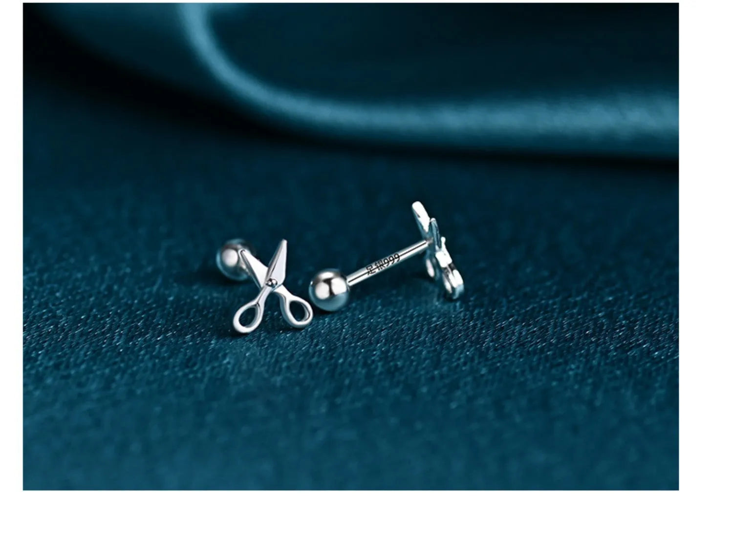Pure silver ear nail earrings with screw closure and decorative mini scissors charm
