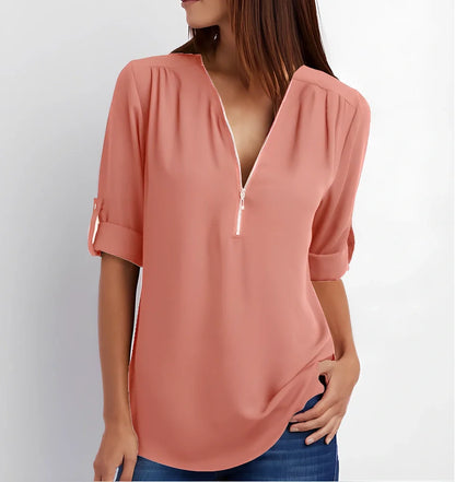 Women's pink zip V-neck short sleeve loose shirt, bust 96cm size S, Dacron fabric in multiple colours