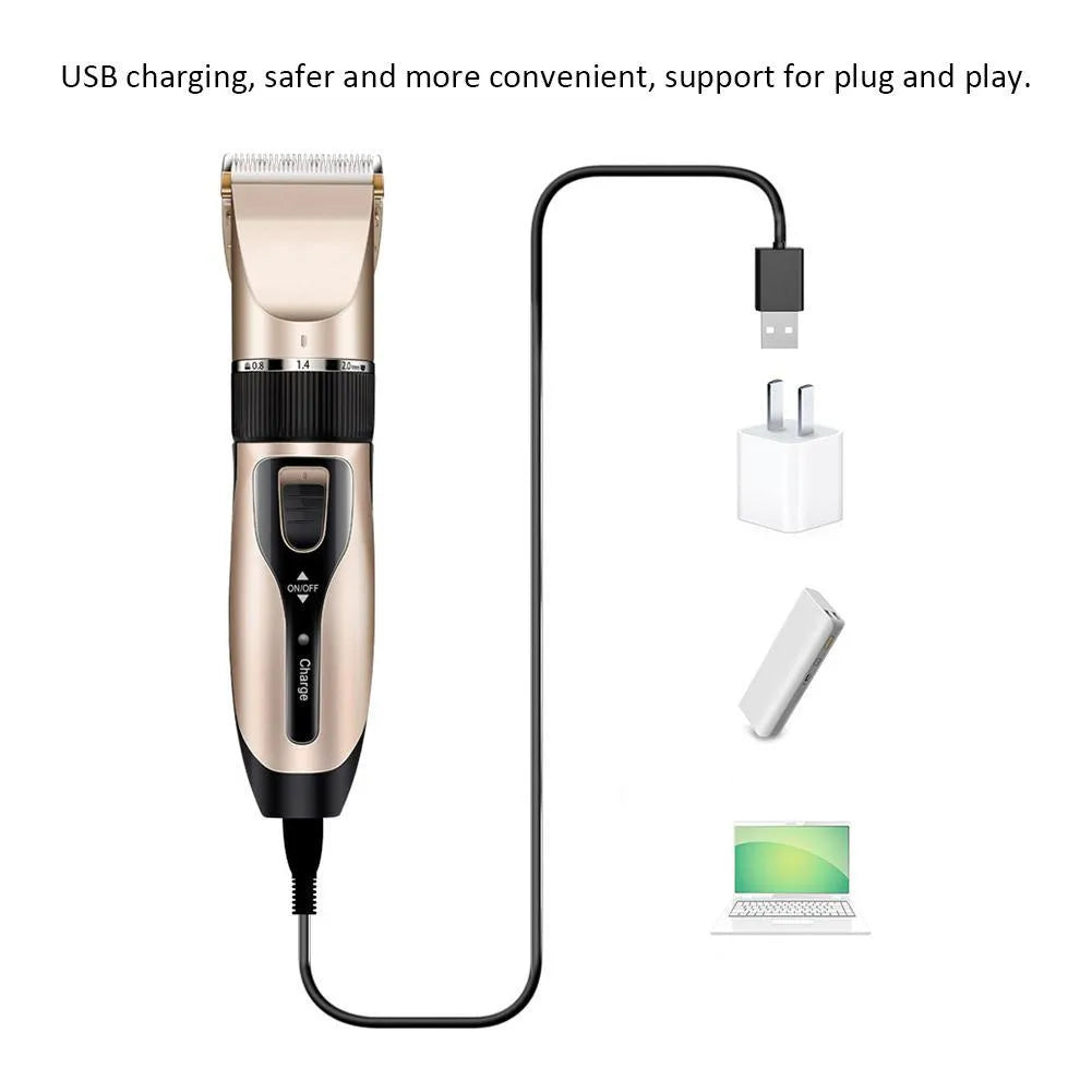 Golden professional pet grooming kit with cordless clippers, four comb attachments, nail clippers, and cleaning brush