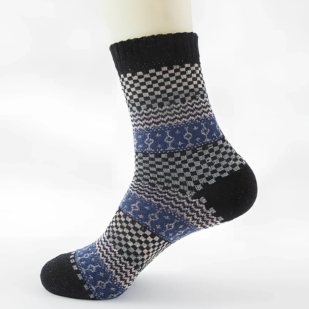 Pack of 5 thick stripe wool blend socks in various colours, featuring 15% rabbit hair for winter warmth, fitting sizes 39-42