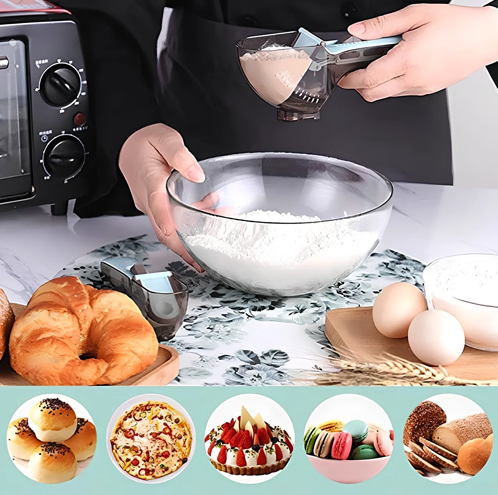 Blue adjustable measuring spoons with magnetic base showing measurement markings from 5ml to 130ml