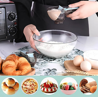 Blue adjustable measuring spoons with magnetic base showing measurement markings from 5ml to 130ml