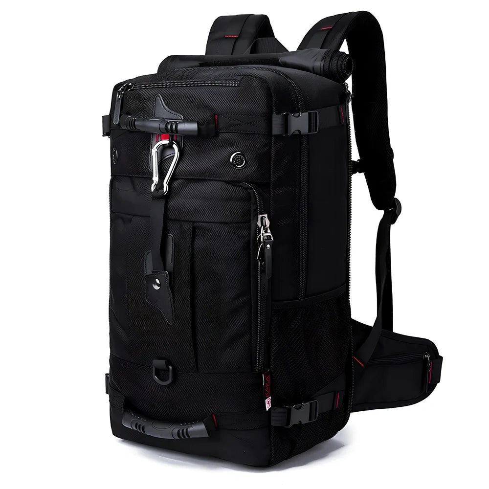 Multifunctional travel bag with multiple compartments in black, green, or blue colours showing 40L and 50L size options