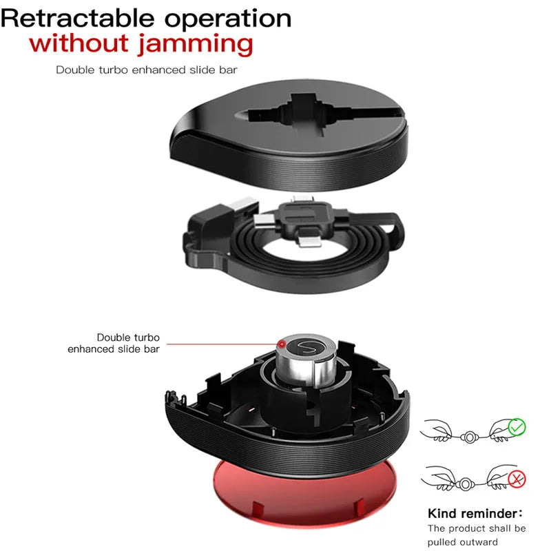 Telescopic three-in-one fast charging data cable shown extended to 1 metre length with three connector types visible