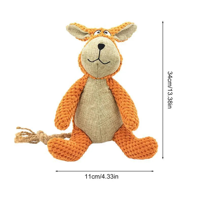 Dog plush squeaky chew toy in animal shapes with cotton filling for teeth cleaning and interactive play