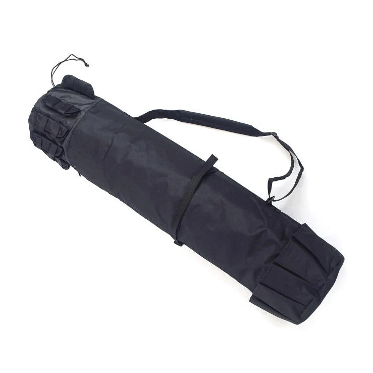 Black cylindrical fishing bag showing 116cm length and 23.5cm diameter with fishing rod storage
