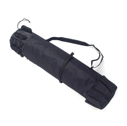 Black cylindrical fishing bag showing 116cm length and 23.5cm diameter with fishing rod storage