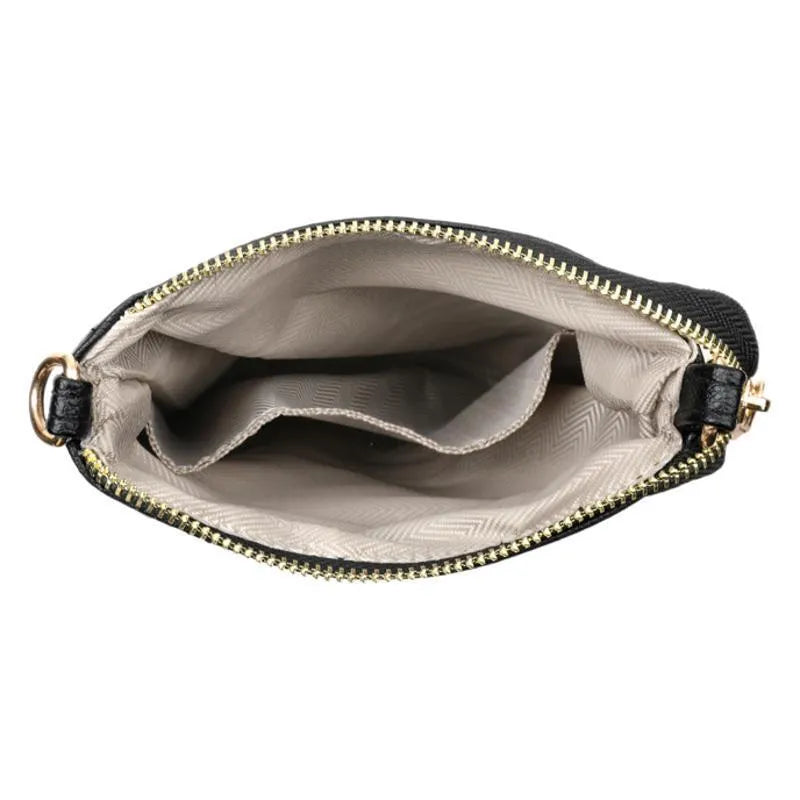 Soft square black PU leather shoulder messenger bag with visible sewing thread detail and outer pocket
