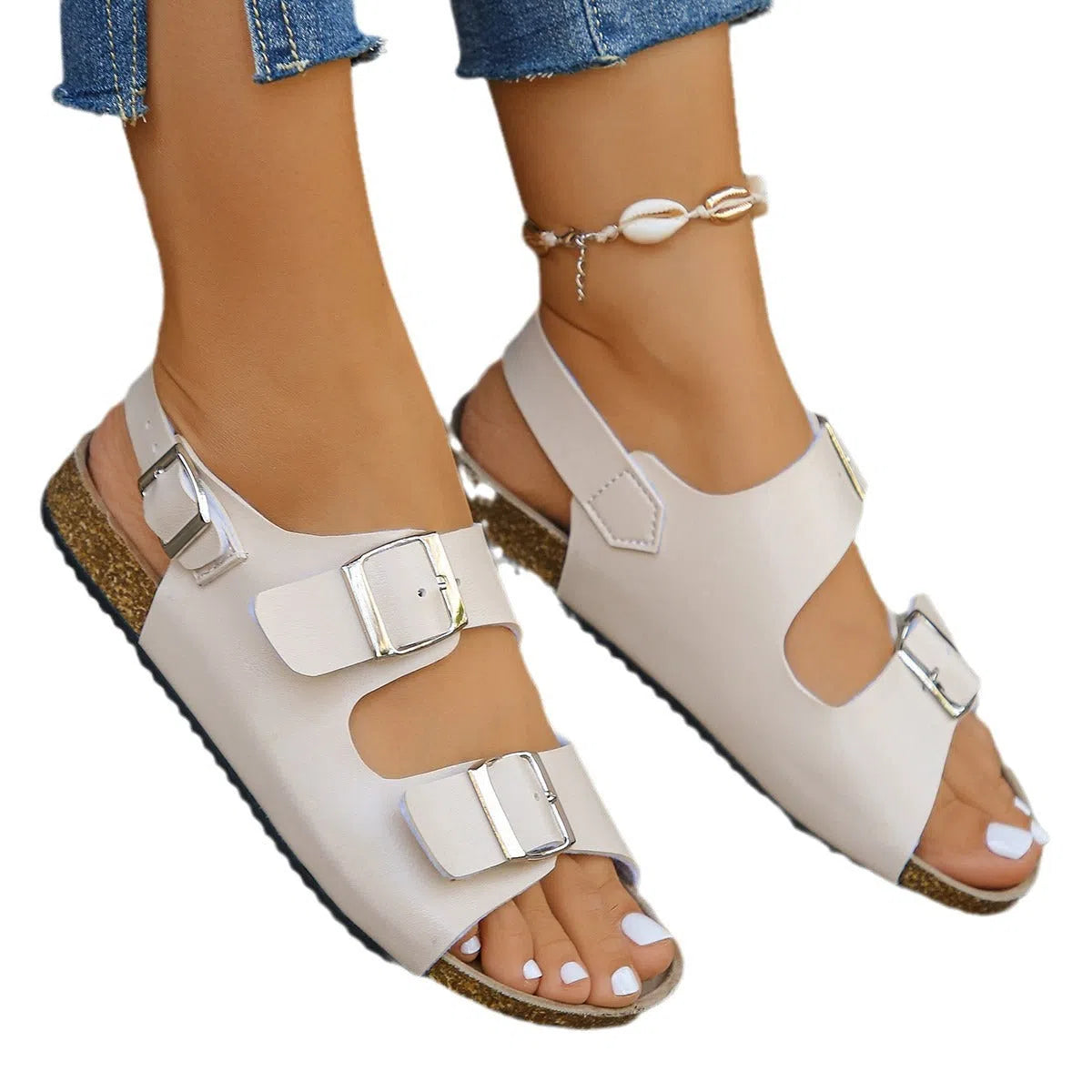 Women's flat sandals with square buckle, chunky sole, round toe, PU upper, rubber outsole, casual style