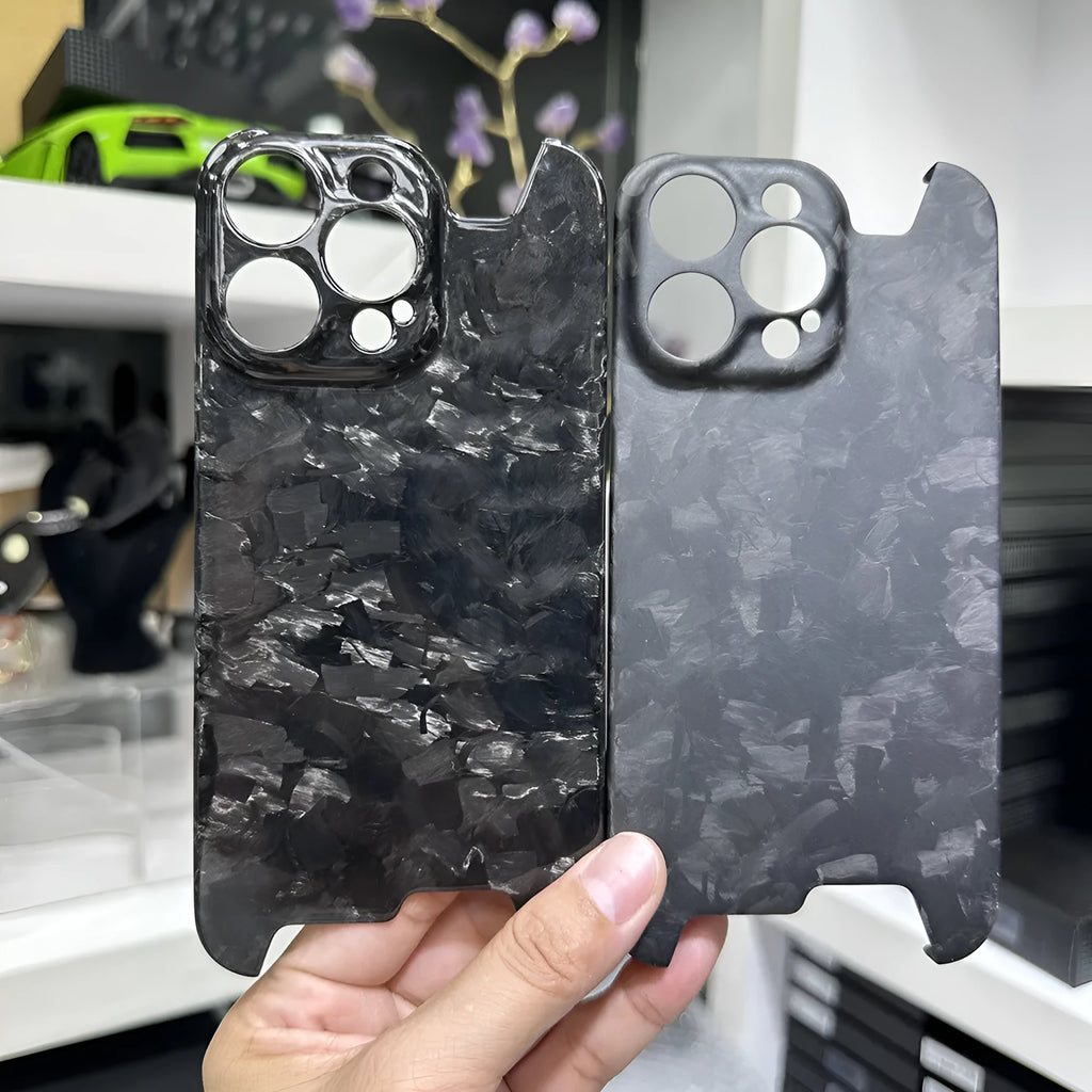 Forged carbon fiber hard phone shell for iPhone 15 Pro Max in bright black finish