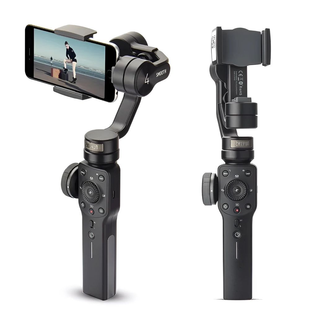 Black mobile phone shooting stabilizer handheld gimbal with smartphone mounted