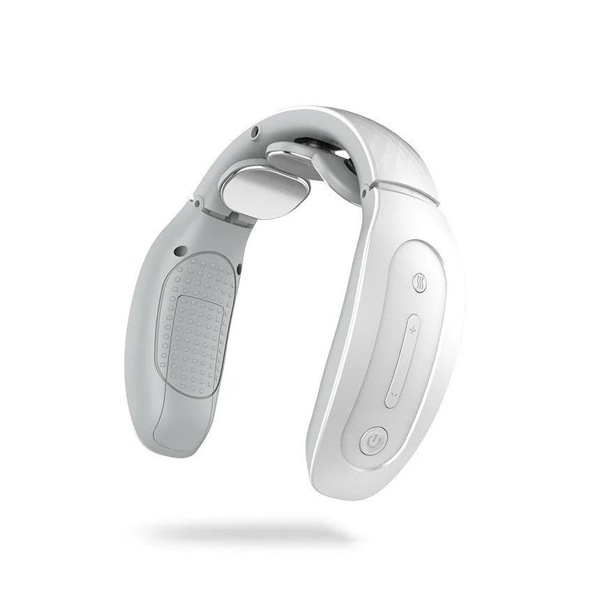 Red and white intelligent cervical massager handheld unit with battery, shown with electrode pads for the XFY988 upgrade model.