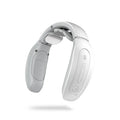 Red and white intelligent cervical massager handheld unit with battery, shown with electrode pads for the XFY988 upgrade model.