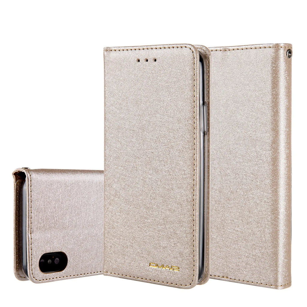 PU leather flip phone case for iPhone with a card slot, shown in multiple colour options.