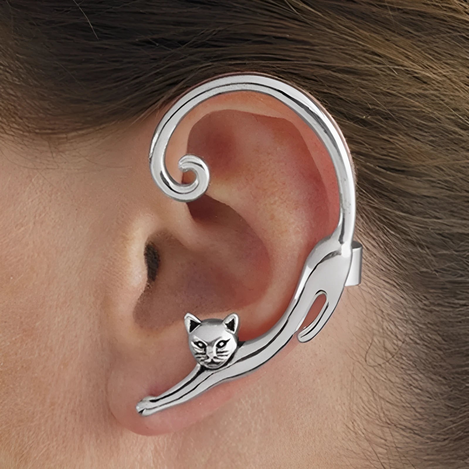 Punk cat post earring with ear cuff in black, close-up on alloy electroplated stud