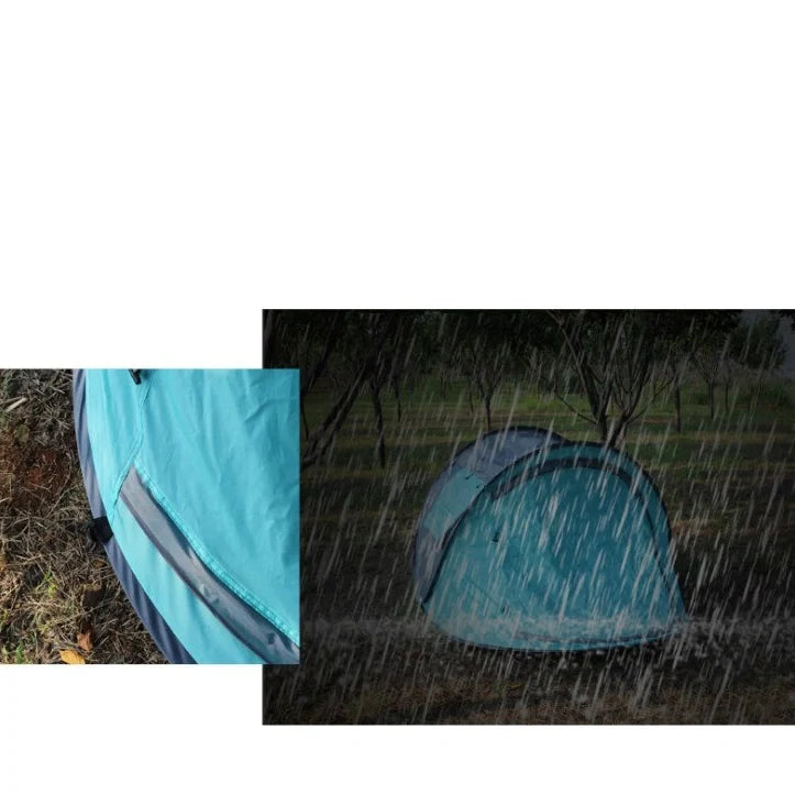 Blue ash automatic pop-up camping tent deployed showing interior space and fibre glass pole structure