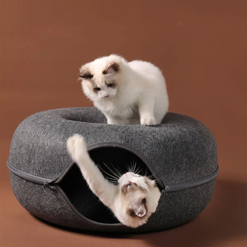Round woolen felt cat nest with tunnel for interactive play, available in multiple colors and sizes