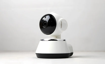 White WiFi baby monitor camera with 720P lens, pan-tilt base, and IR night vision for nursery monitoring