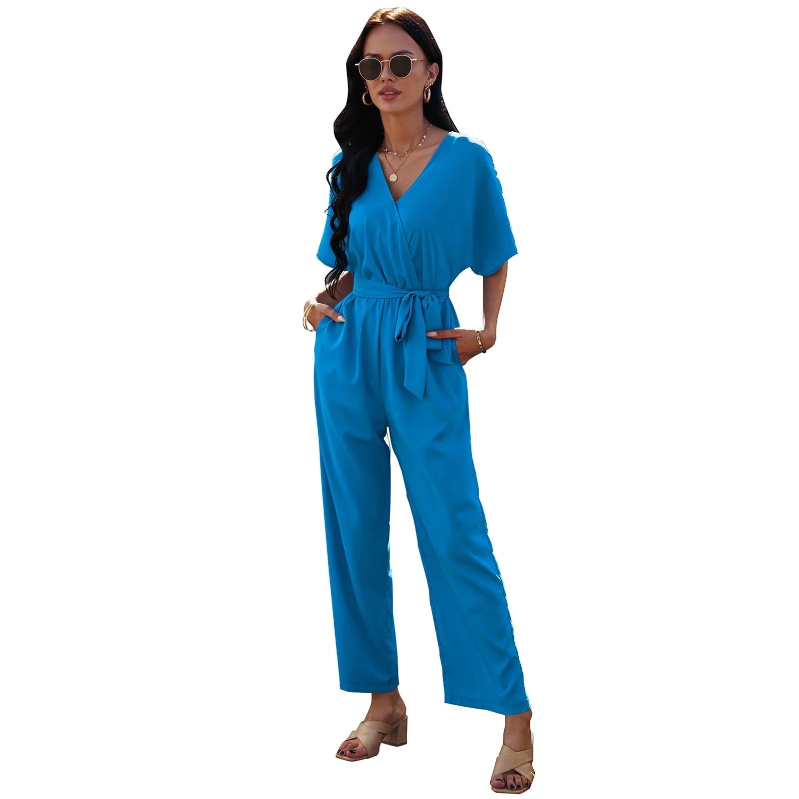 Women's V-neck tie waist jumpsuit in black, dark red, and sky blue