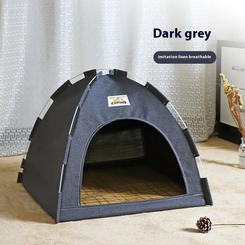 Grey enclosed pet tent with removable washable cover for cats and small dogs.