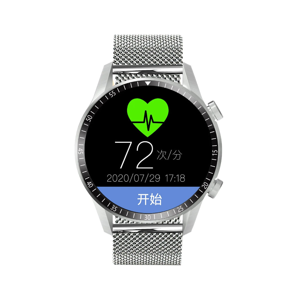 Round 46mm aluminium alloy smartwatch with touchscreen displaying heart rate and call functions