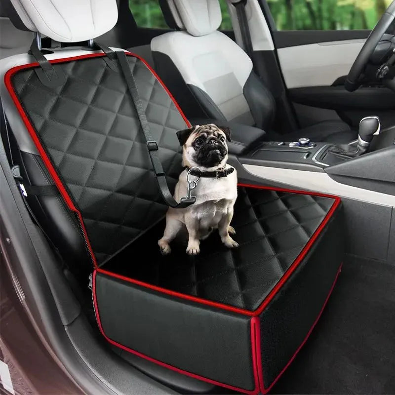 Black dog car pet pad with non-slip base on vehicle front seat measuring 42cm square