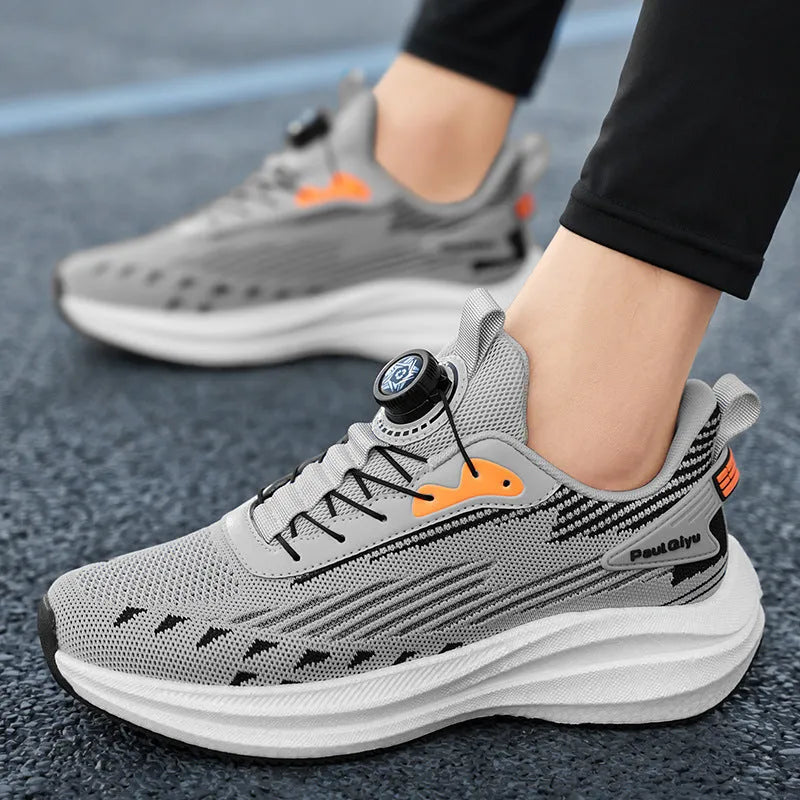 Men's white-green and grey fly-kit mesh running shoes with a rotating buckle lace-up and flat heel