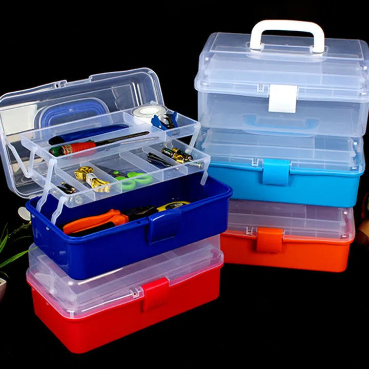 Large 2-layer transparent PP plastic storage box with foldable design, containing medicines and cosmetics