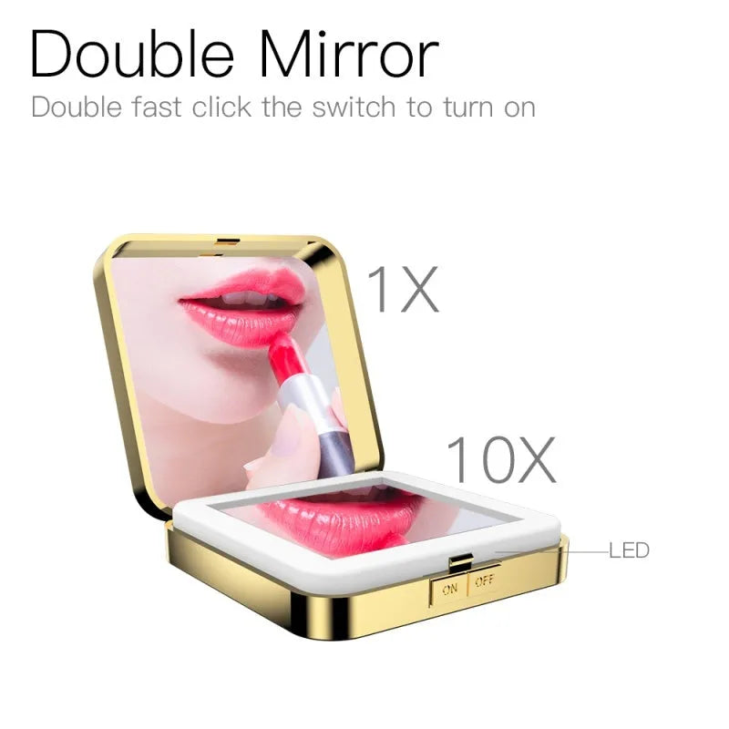 Black and white makeup mirror showing a magnifying side and a normal mirror with LED light ring.