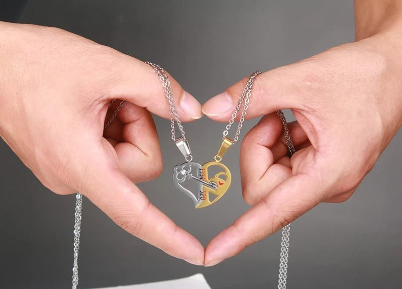 Stainless steel love necklace set for couples with adjustable chain in gold, black, and silver