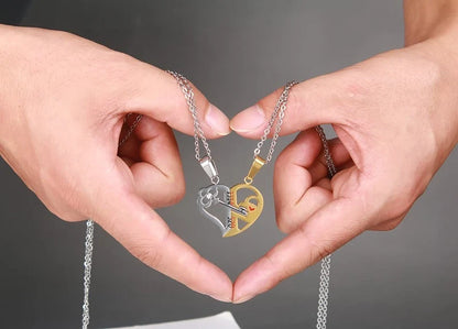 Stainless steel love necklace set for couples with adjustable chain in gold, black, and silver