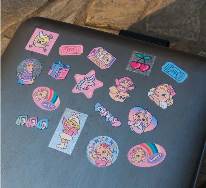 PVC cartoon sticker set with Korean-style cute girl designs and heart motifs in storage box