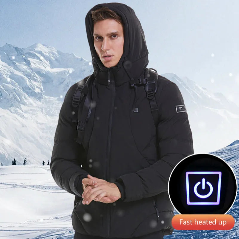 USB electric heated jacket for men women, grey colour, with zipper and hood, windproof nylon shell, outdoor winter coat