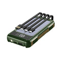 Black, green, and orange coloured large capacity military-grade mobile power bank showing size scale.