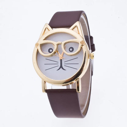 Cat face cartoon children's watch with quartz movement and colourful strap options