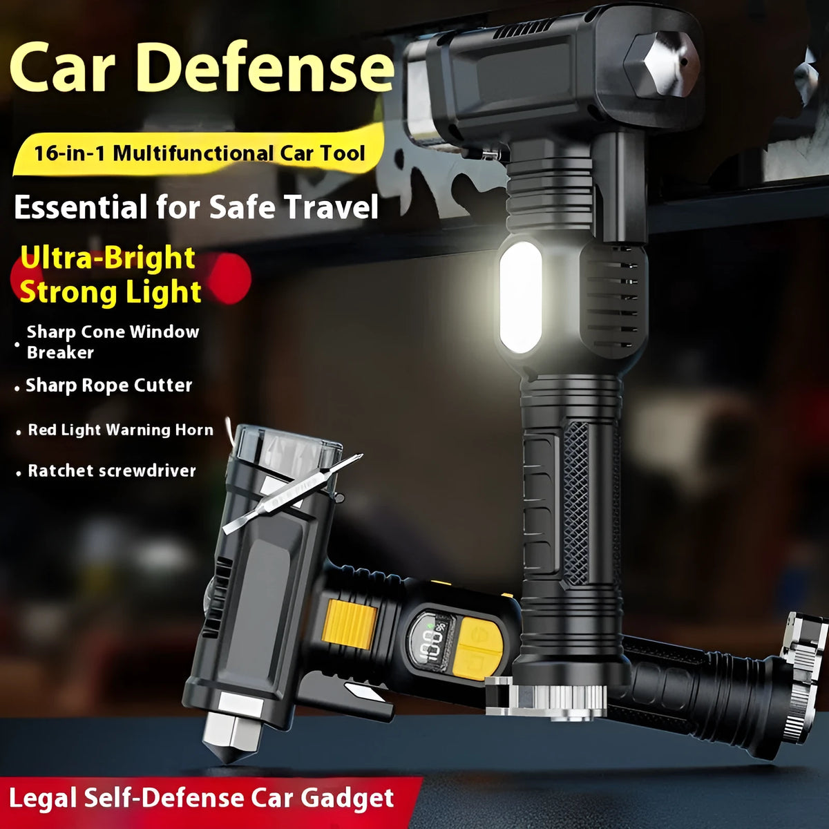 16-function automobile safety hammer flashlight with red warning light and power bank, ABS construction, 1800mAh battery