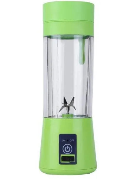 Mini USB-powered handheld fruit juicer with green plastic housing and a stainless steel blade.