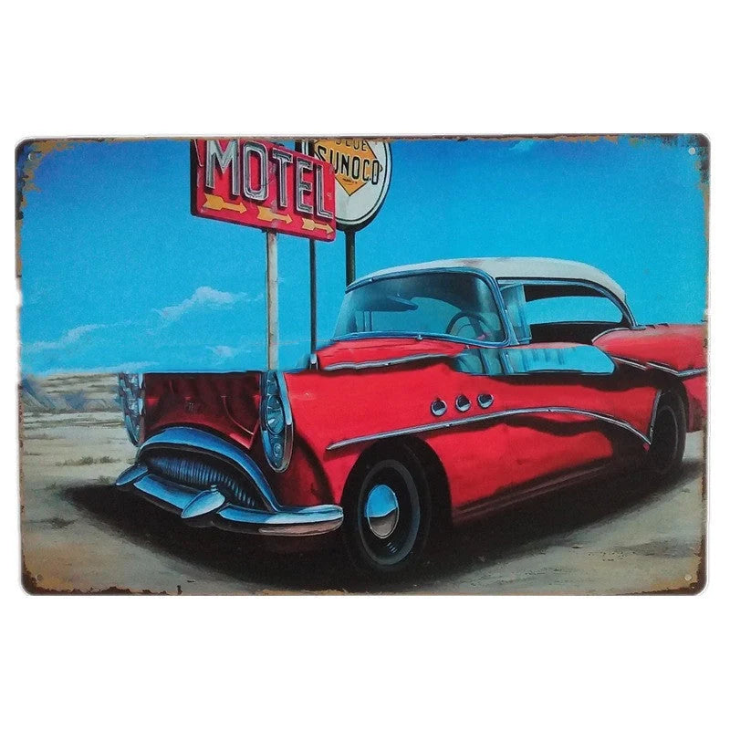 Retro tin painting metal crafts with car and motorcycle patterns in vibrant colours