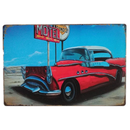 Retro tin painting metal crafts with car and motorcycle patterns in vibrant colours