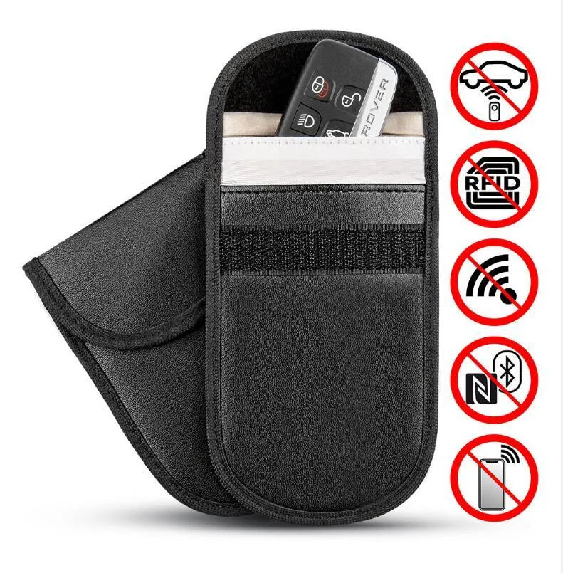 Black microfiber Faraday cage pouch for blocking car key fob and mobile phone signals.