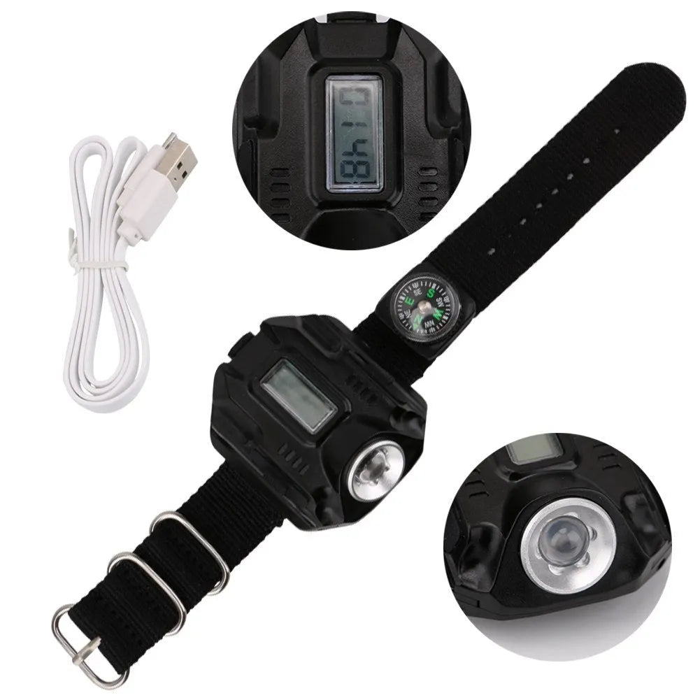 Black LED watch flashlight with time display and compass on wristband for outdoor use