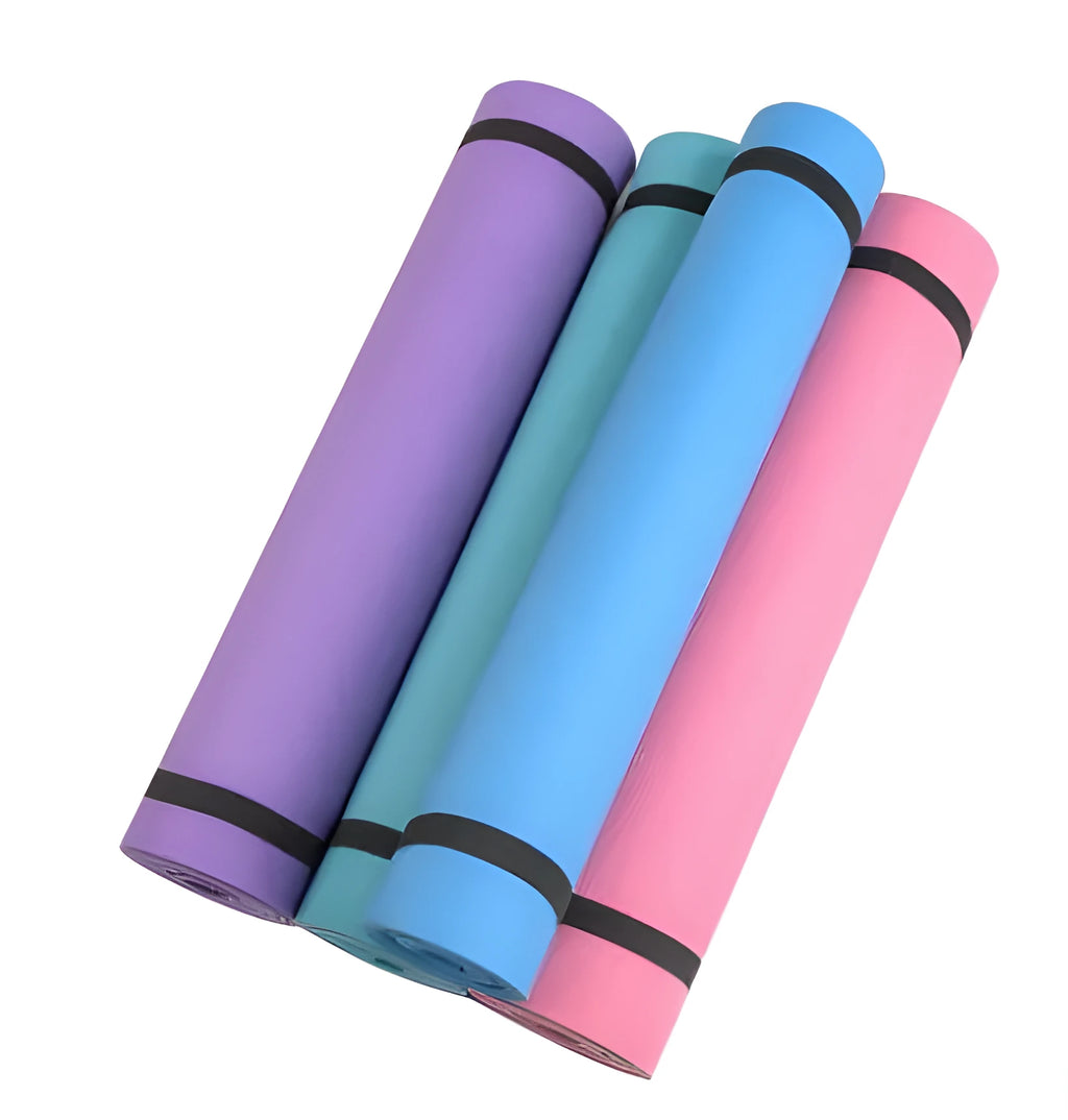 EVA yoga mat in blue showing 6mm thickness and textured anti-skid surface.