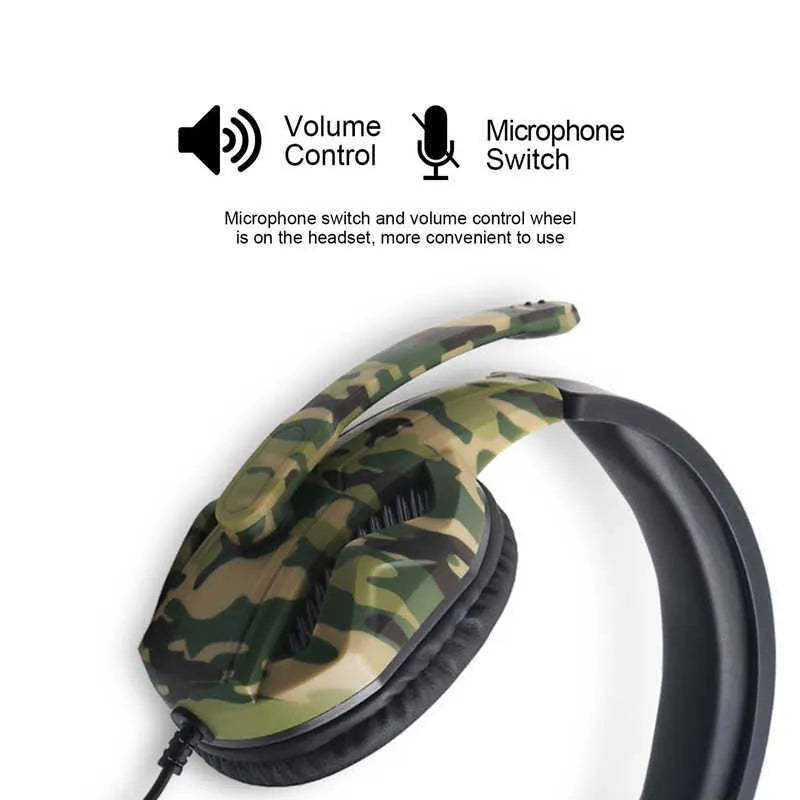 Camouflage gaming headset with black PU earmuffs and flexible microphone on a dark background