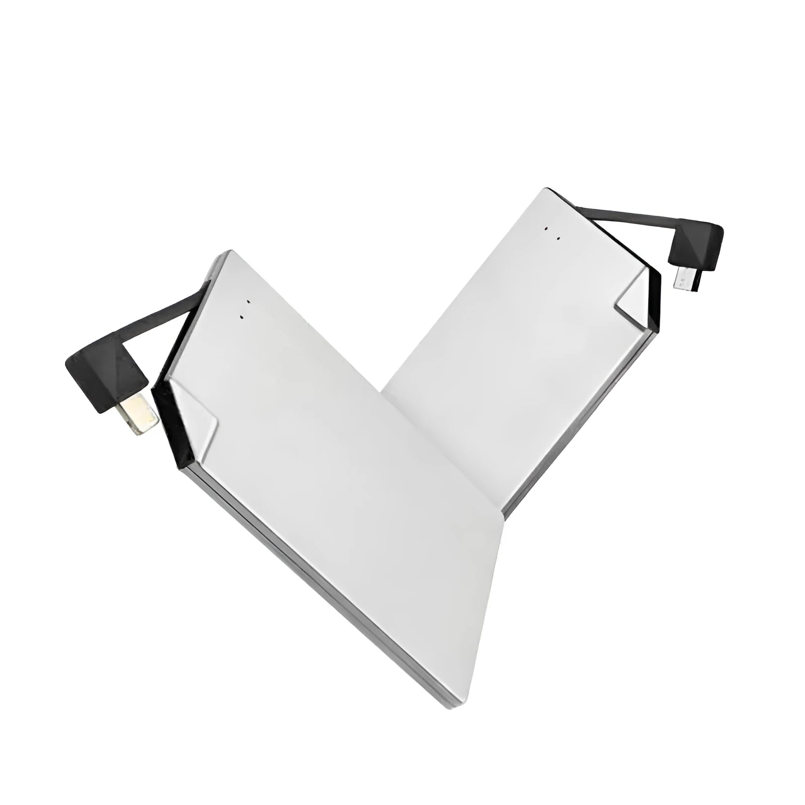 Silver ultra-thin graphene power bank measuring 140mm by 72mm by 4mm