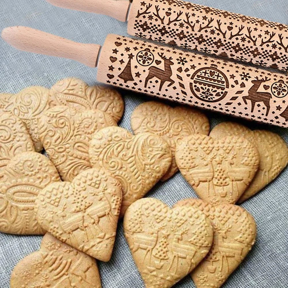 Christmas Snowflake Rolling Pin with detailed engraving on natural hardwood