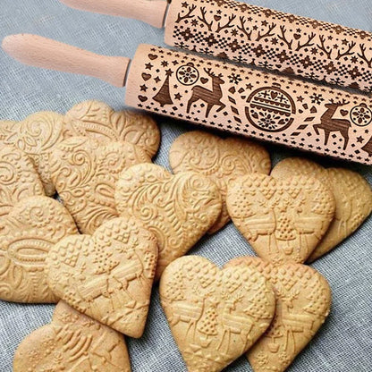 Christmas Snowflake Rolling Pin with detailed engraving on natural hardwood