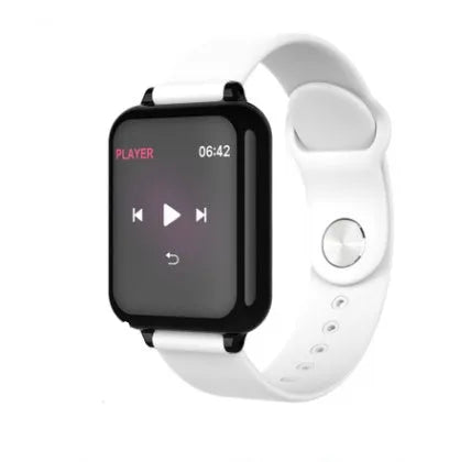 B57 colour screen smart sports watch compatible with Apple iPhone, showing heart rate display on 1.3 inch IPS screen, black strap