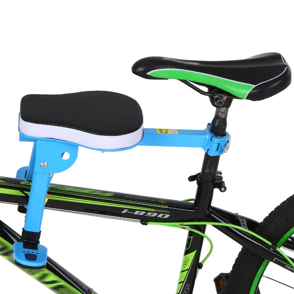 Front-mounted bicycle child seat with foldable pedals and quick-release clamp for 31.8mm seatposts