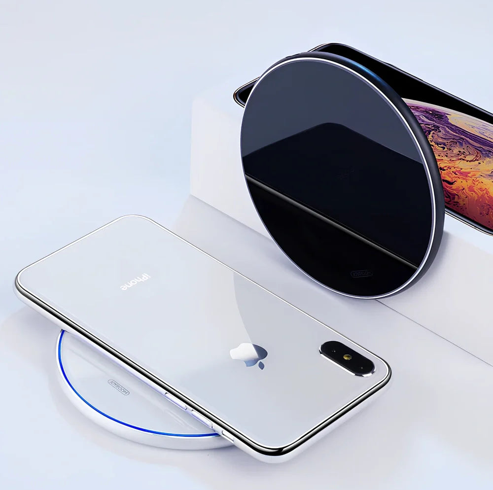 Black 15W wireless charger pad with Micro USB cable for fast phone charging